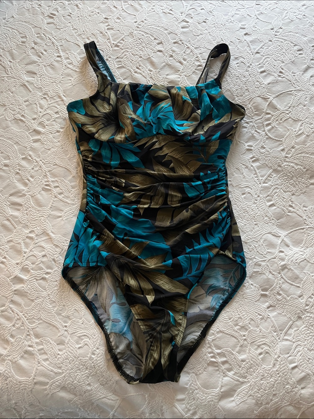 Lands' End Teal and Olive Leaf-Print One-Piece Swimsuit